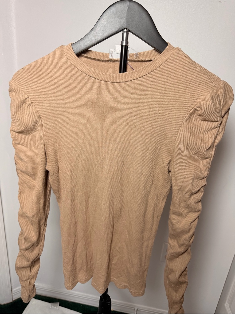 Ruched Shoulder Long Sleeve Dress in Tan